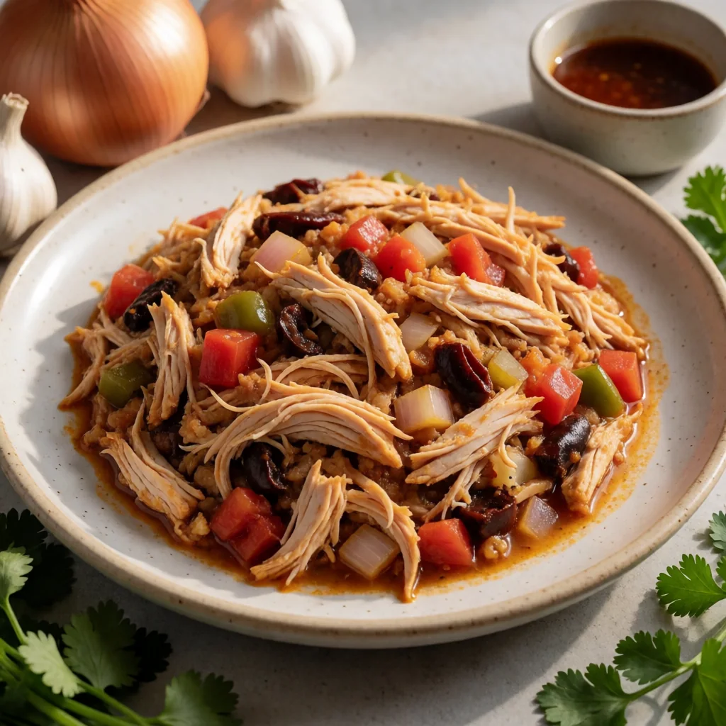 Huevos Divorciados with Adobo Shredded Chicken finished dish