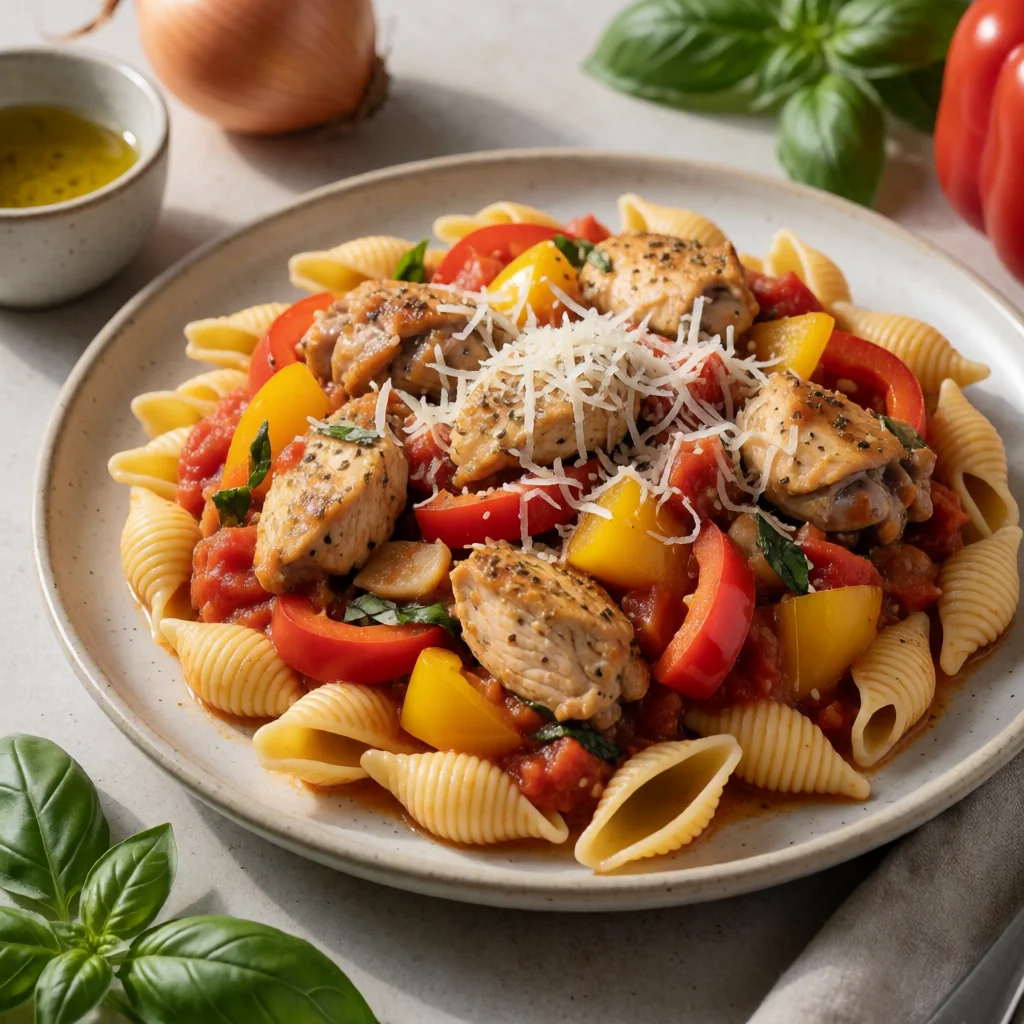 Pollo e Peperoni al Pomodoro con Conchiglie Rigate finished dish