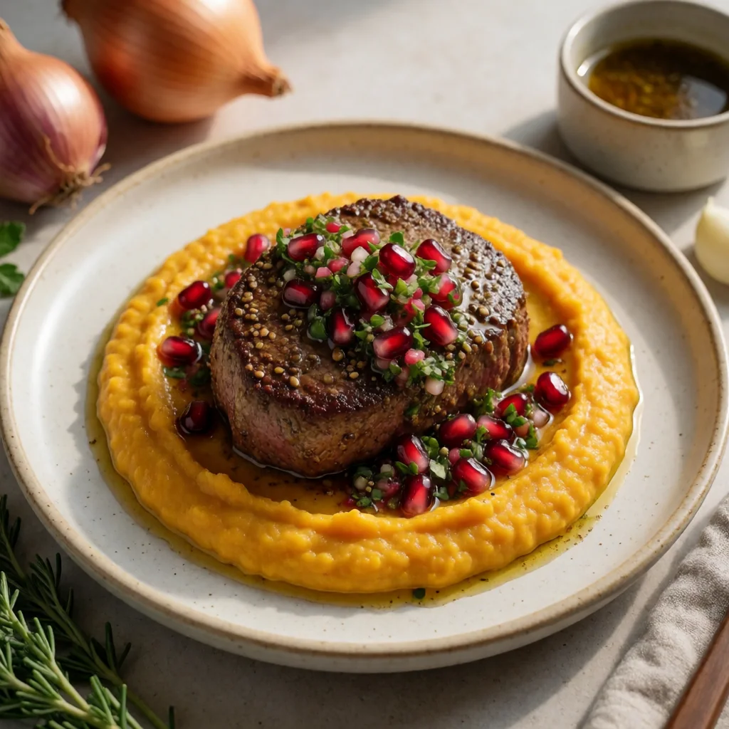 Za'atar-Spiced Filet Mignon with Roasted Butternut Squash Puree and Pomegranate Gremolata finished dish