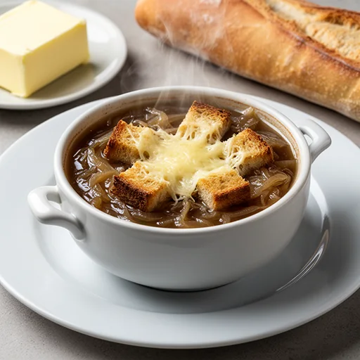 Classic French Onion Soup with Gruyère Croutons finished dish