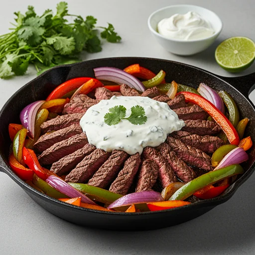 Steak Fajita Skillet with Lime Crema finished dish