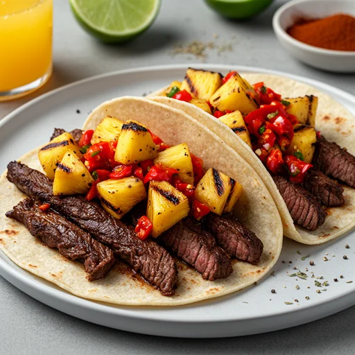 Adobo Skirt Steak Tacos with Grilled Pineapple-Habanero Salsa finished dish