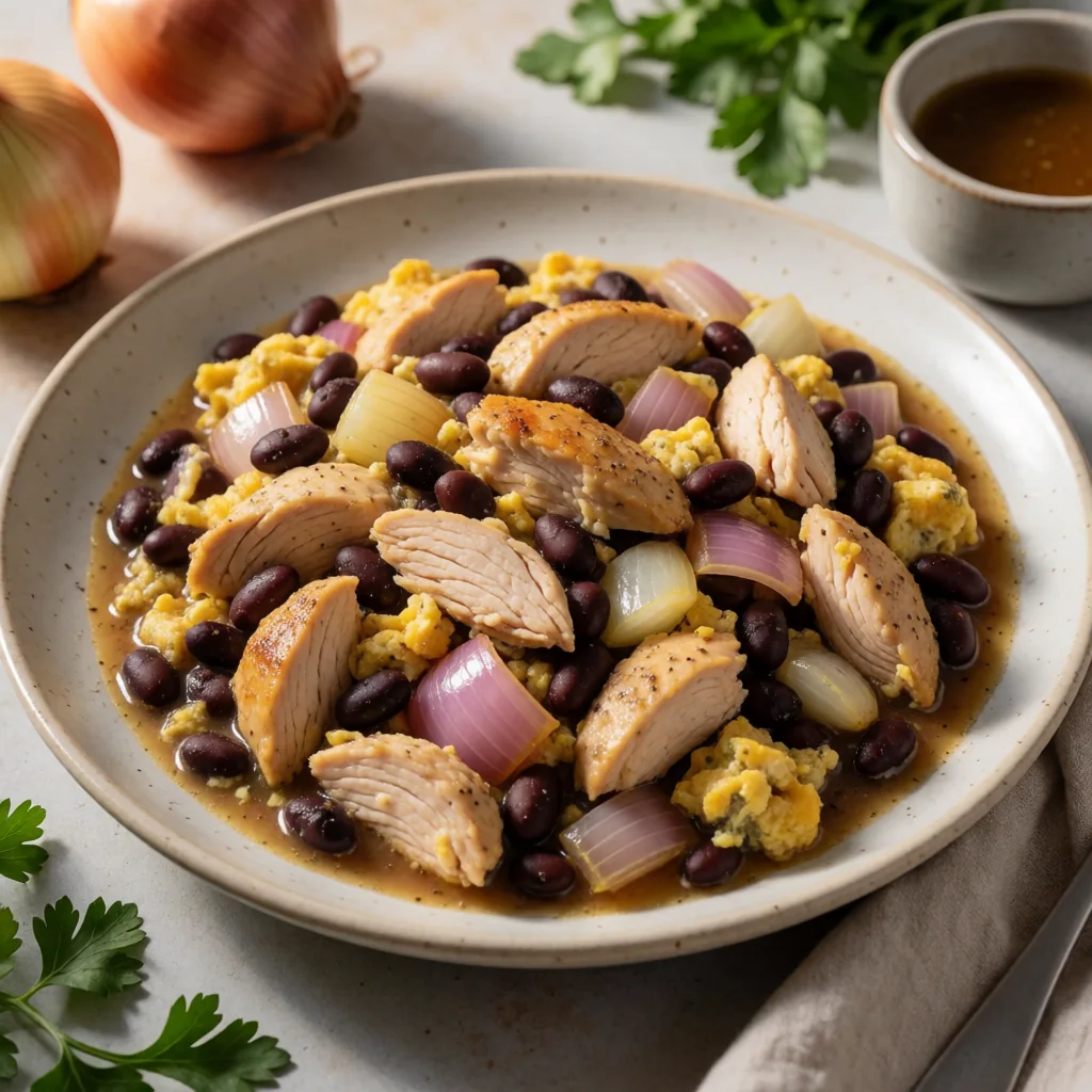 Enfrijoladas con Pollo y Huevo Revuelto finished dish