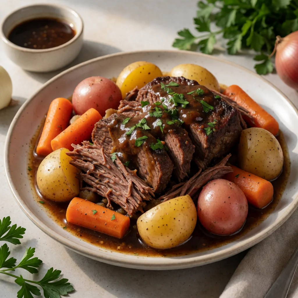 Slow Cooker Balsamic Glazed Pot Roast finished dish