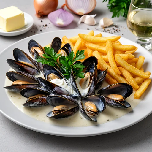 Moules Marinières avec Frites (Mussels in White Wine Sauce with French Fries) finished dish