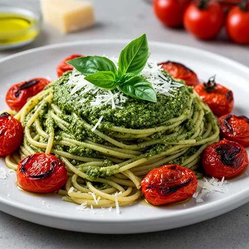 Simple Pesto Pasta with Roasted Cherry Tomatoes finished dish