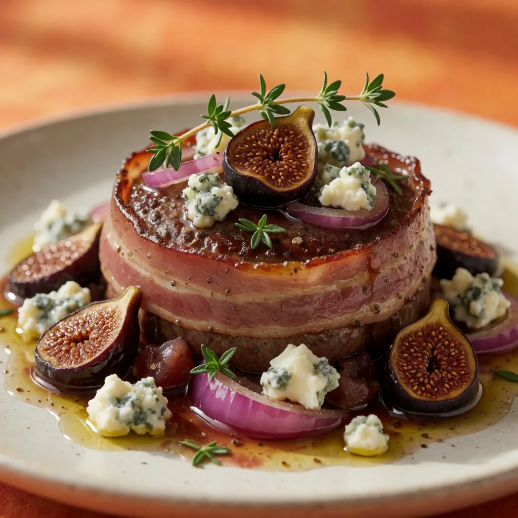 Pancetta-Wrapped Filet Mignon with Fig and Gorgonzola Compote finished dish