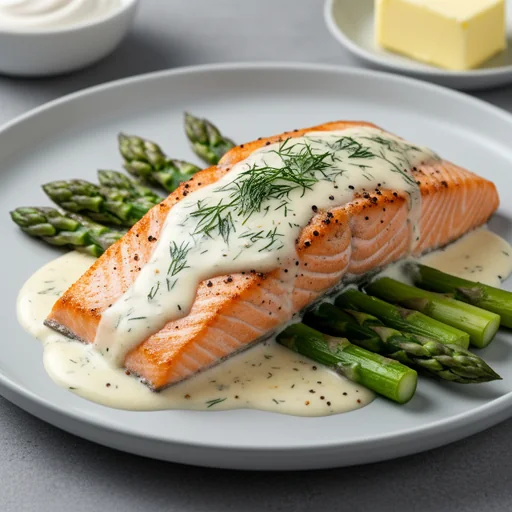 Pan-Seared Salmon with Lemon-Dill Sauce and Asparagus finished dish
