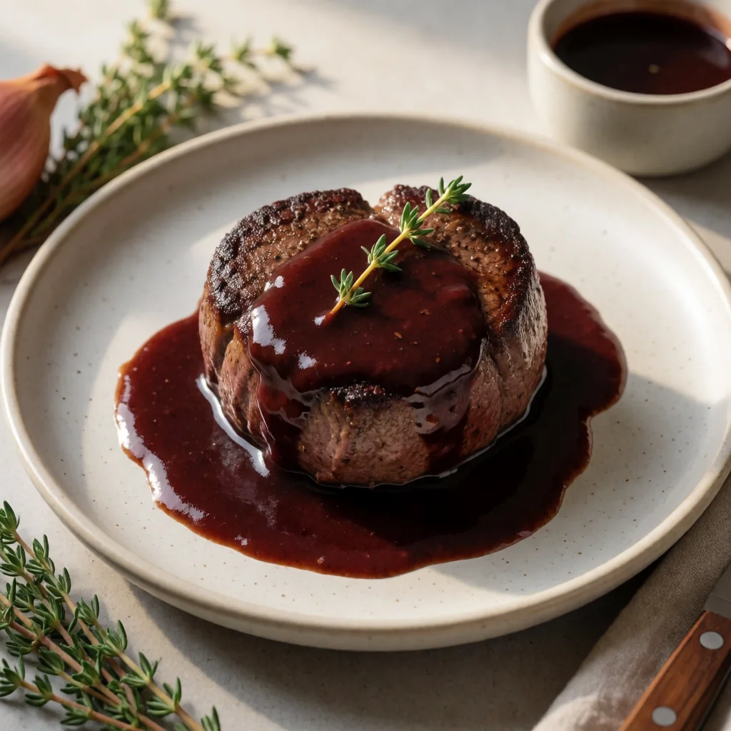 Reverse-Seared Filet Mignon with Red Wine Reduction finished dish