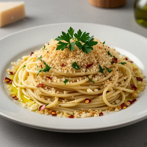 Quick Aglio e Olio with Toasted Breadcrumbs finished dish