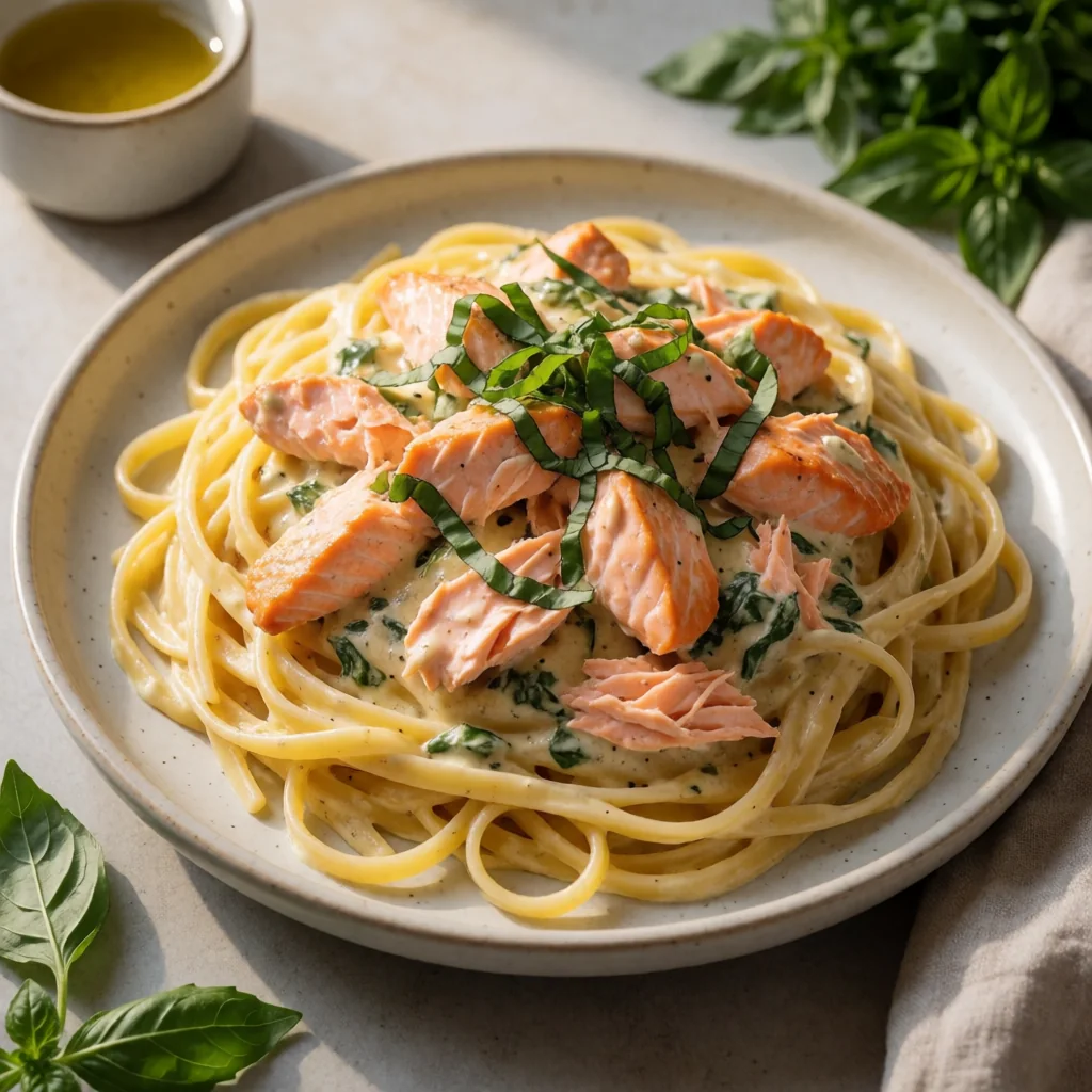 Creamy Tuscan Salmon Pasta finished dish