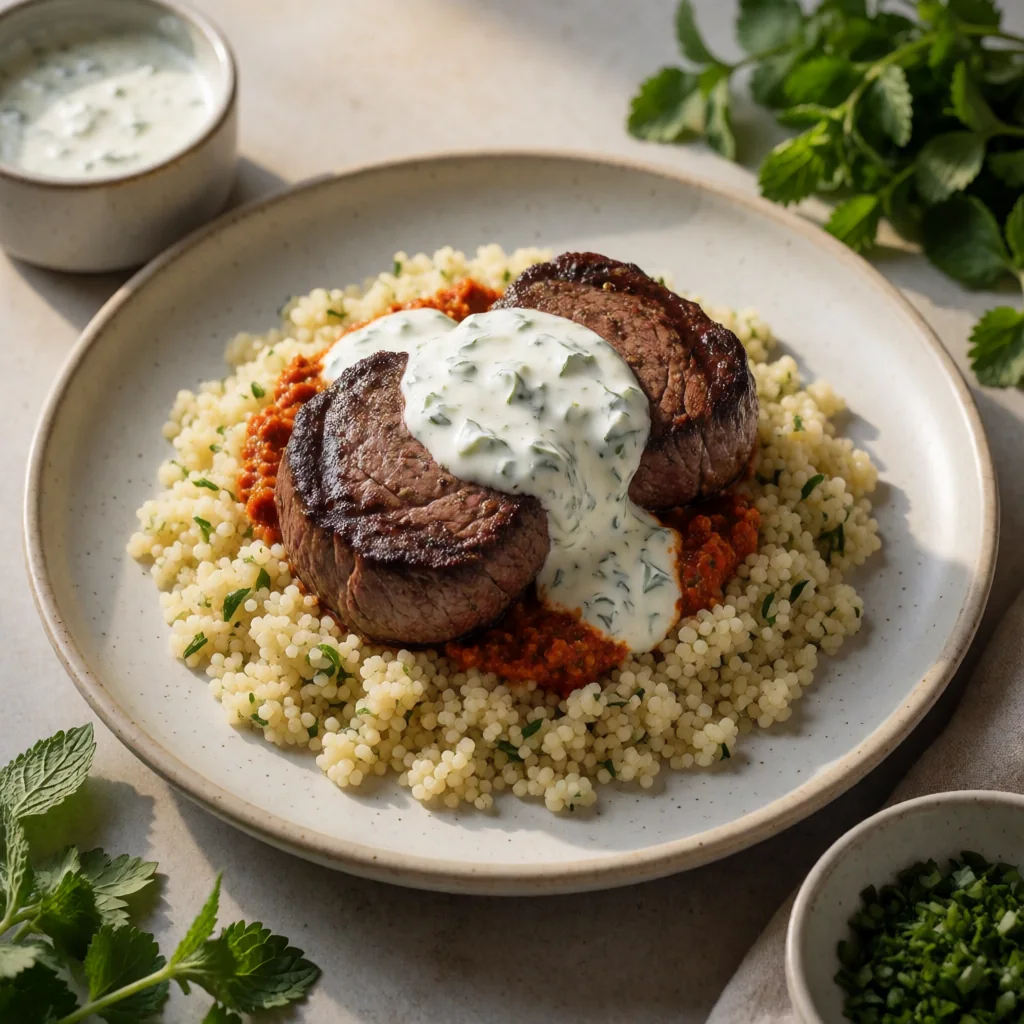 Grilled Filet Mignon with Harissa-Yogurt Sauce and Lemon-Herb Couscous finished dish
