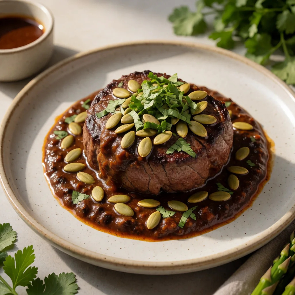 Filet Mignon con Costra de Semillas de Calabaza y Salsa de Pasilla Oaxaca Ahumada finished dish