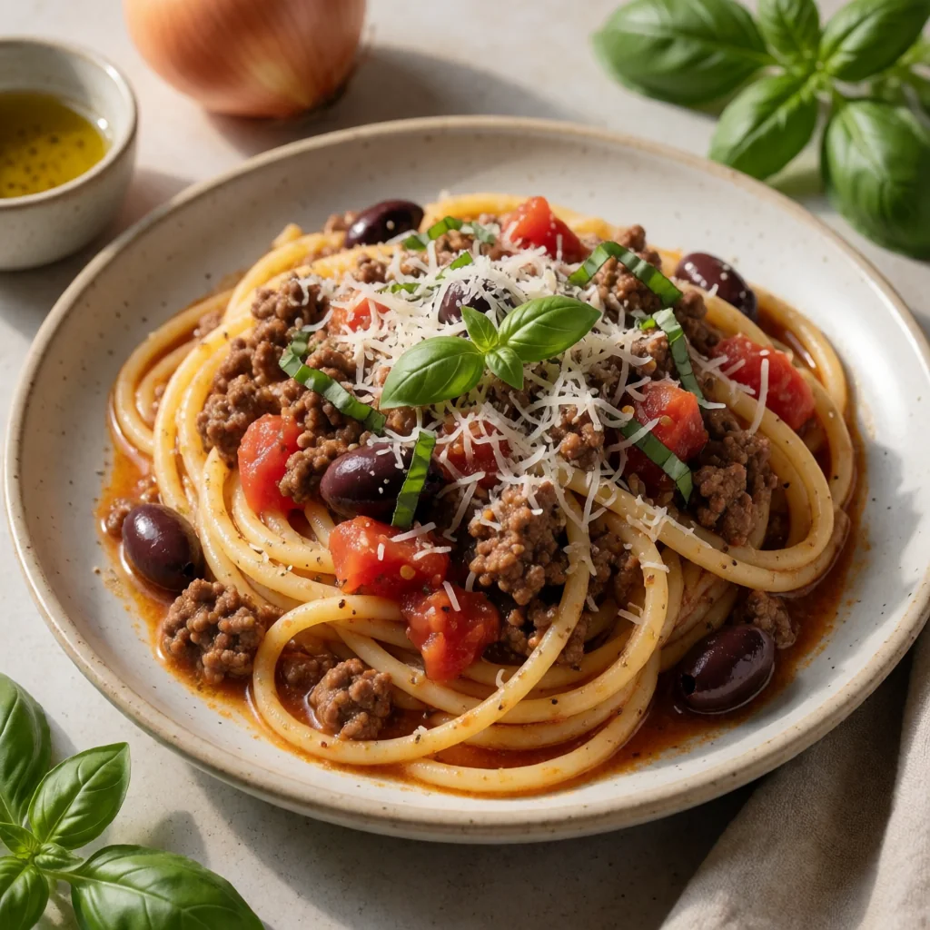 Pizzaiola-Style Beef with Bucatini (Manzo alla Pizzaiola con Bucatini) finished dish