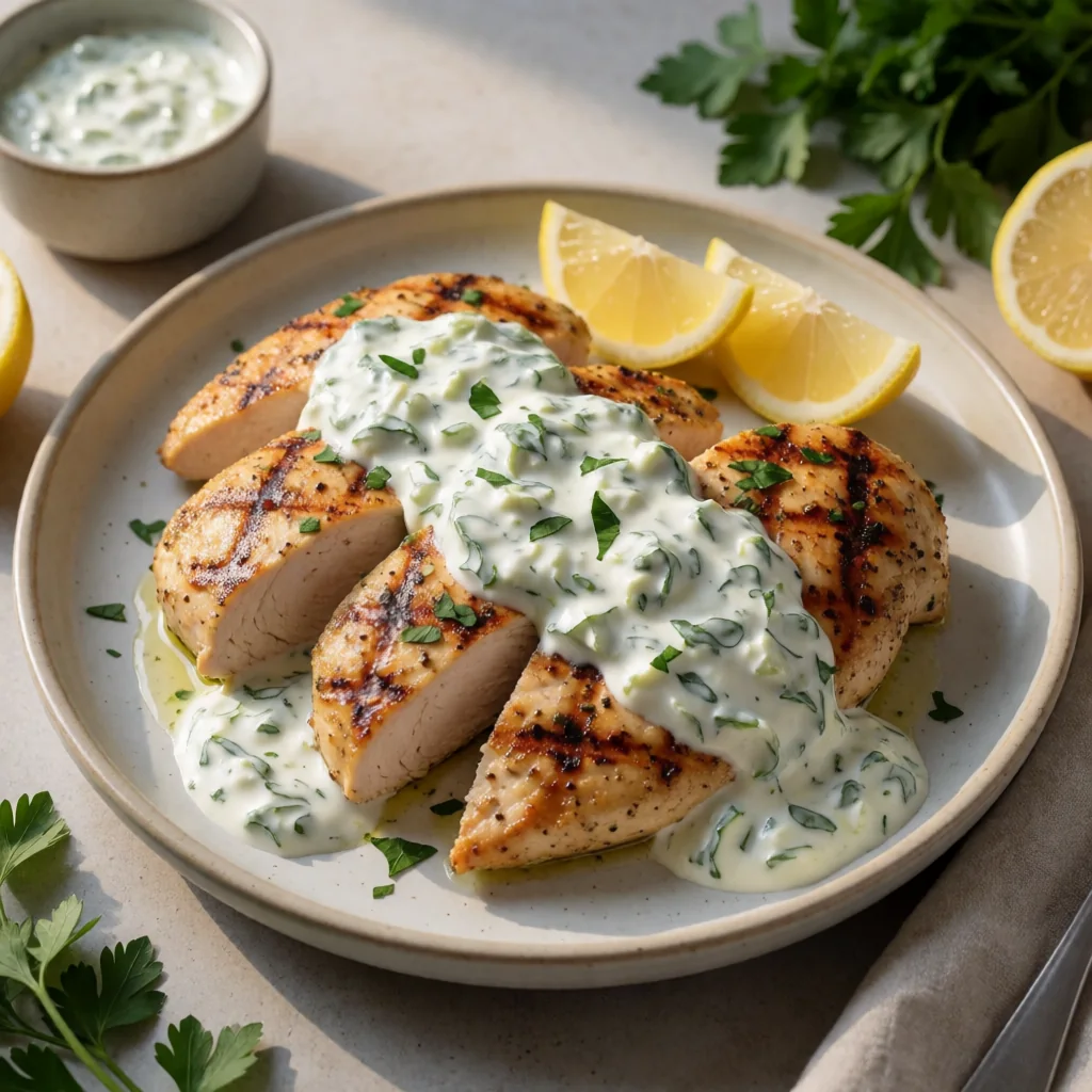 Classic Grilled Greek Chicken with Homemade Tzatziki finished dish