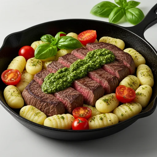 Steak and Gnocchi Skillet with Pesto and Cherry Tomatoes finished dish