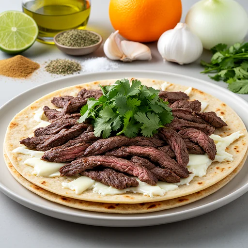 Tlayudas con Arrachera y Quesillo finished dish
