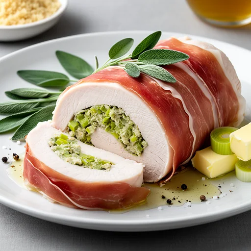Prosciutto-Wrapped Turkey Roulade with Sage and Leek Farce finished dish
