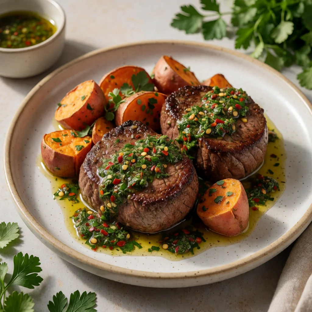 Chimichurri Filet Mignon with Roasted Sweet Potatoes finished dish