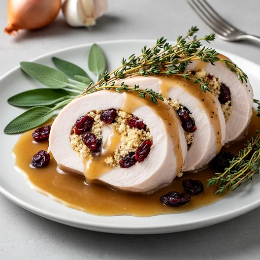 Cranberry and Herb Stuffed Turkey Roulade with Pan Gravy finished dish