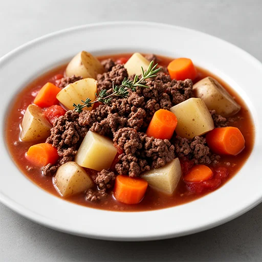 Hearty American Ground Beef & Root Vegetable Stew finished dish