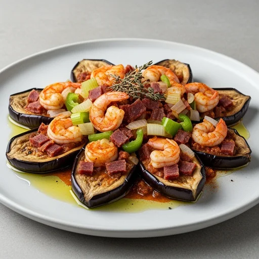 Creole Eggplant Pirogues with Shrimp & Tasso finished dish