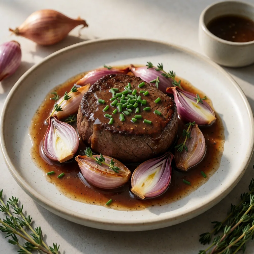 Filet Mignon with Roasted Shallot and Sherry Reduction finished dish