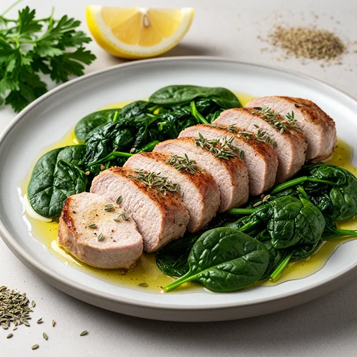Lemony Garlic Pork and Spinach Skillet finished dish