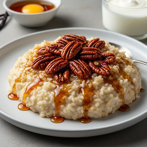 Spiced Creole Rice Pudding with Cane Syrup Caramel and Candied Pecans finished dish