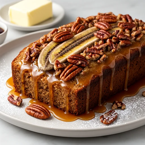 Brown Butter Pecan Banana Bread with Maple Glaze finished dish