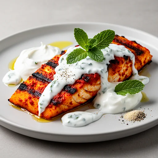 Harissa-Spiced Grilled Grouper with Minted Yogurt Drizzle finished dish