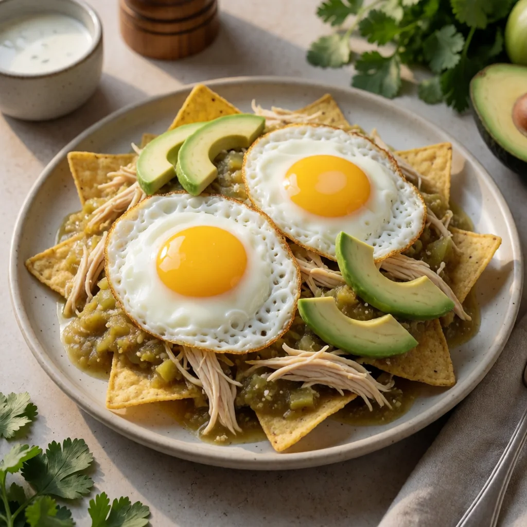 Shredded Chicken Chilaquiles Verdes with Fried Eggs finished dish