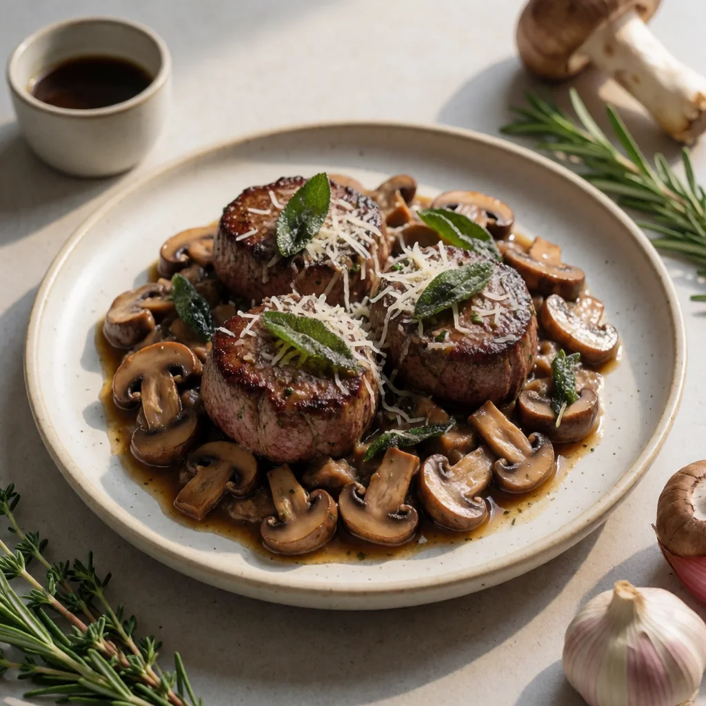 Pan-Seared Filet with Wild Mushroom Ragu and Crispy Sage finished dish