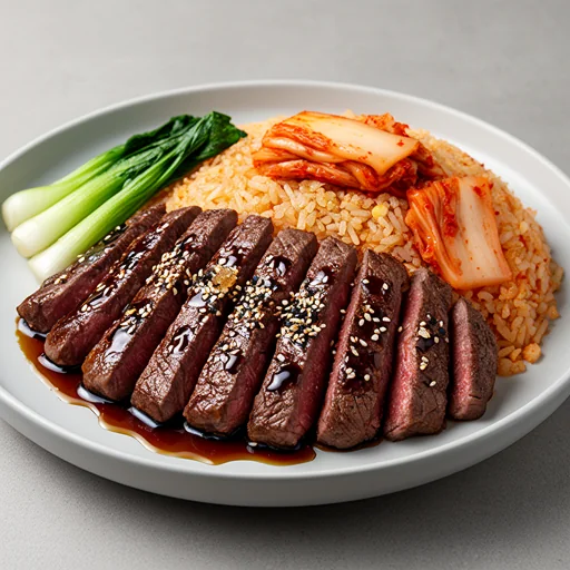 Korean BBQ Steak Bowl with Kimchi Fried Rice finished dish