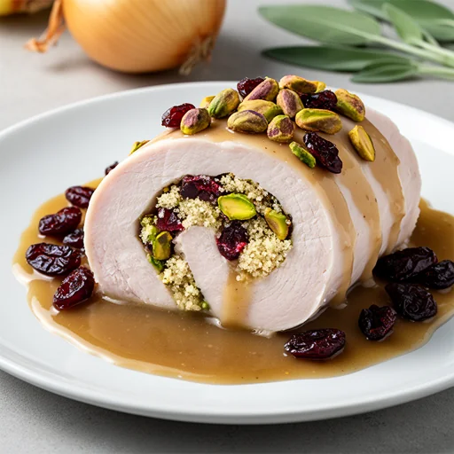 Cranberry & Pistachio Stuffed Turkey Roulade with Pan Gravy finished dish