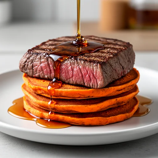 Steak and Sweet Potato Pancake Stack with Maple-Bourbon Glaze finished dish
