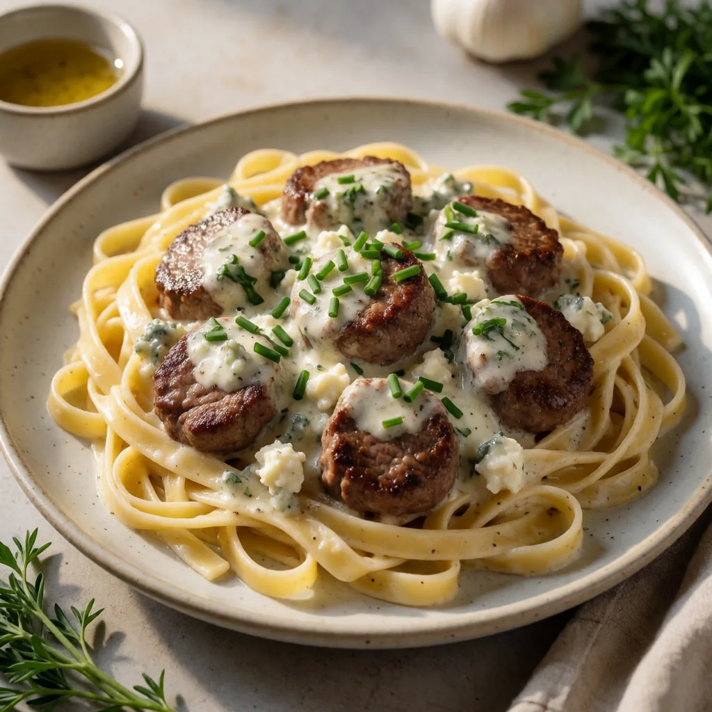 Fettuccine con Medaglioni di Manzo e Salsa al Gorgonzola (Fettuccine with Beef Medallions and Gorgonzola Sauce finished dish