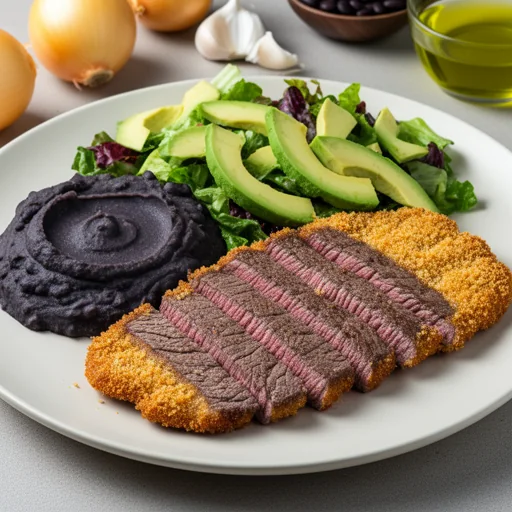 Milanesa de Res con Puré de Frijol Negro y Ensalada de Aguacate finished dish