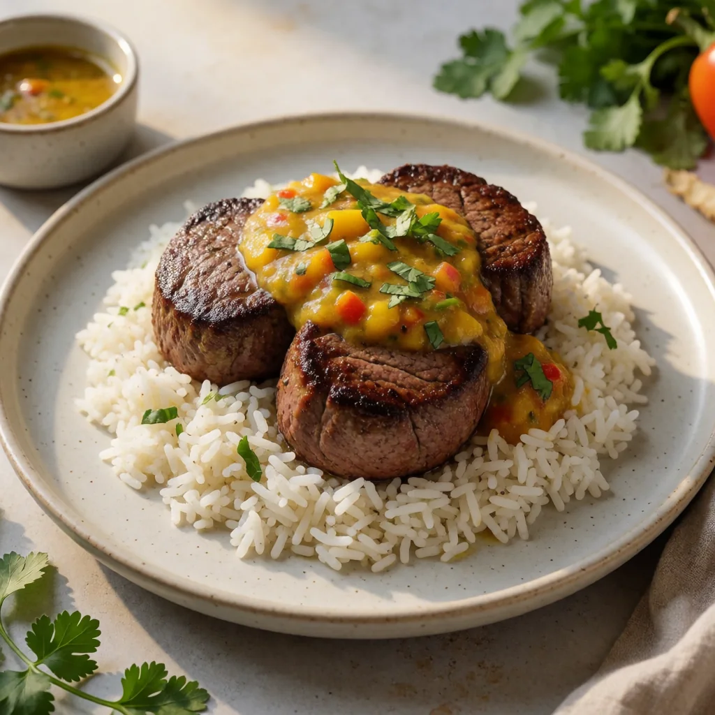 Pan-Seared Filet Mignon with Spicy Mango Chutney and Coconut-Lime Rice finished dish