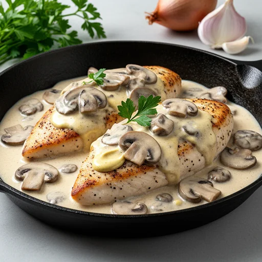 Skillet Chicken with Creamy Mushroom Sauce finished dish