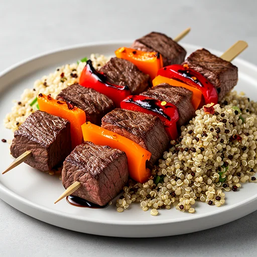 Steak and Roasted Red Pepper Skewers with Quinoa Pilaf finished dish