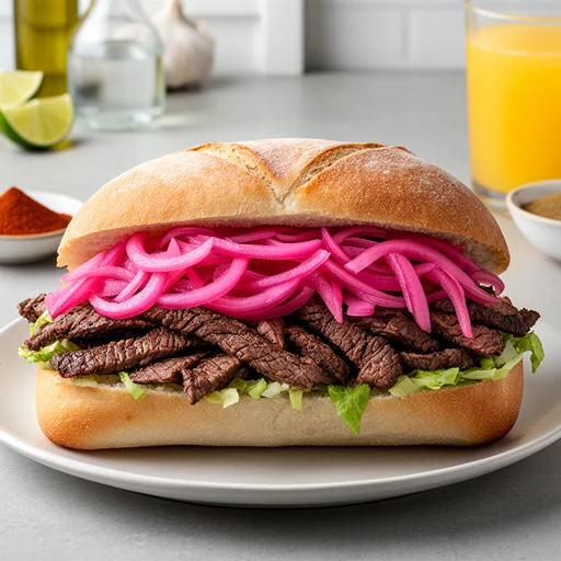 Carne Asada Torta with Quick Pickled Red Onions finished dish