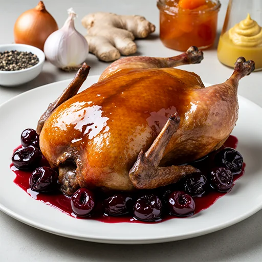 Apricot-Glazed Roast Duck with Cherry Reduction finished dish