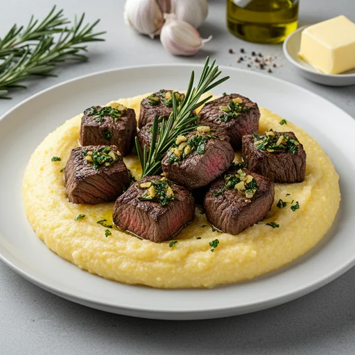 Garlic Herb Steak Bites with Creamy Polenta finished dish