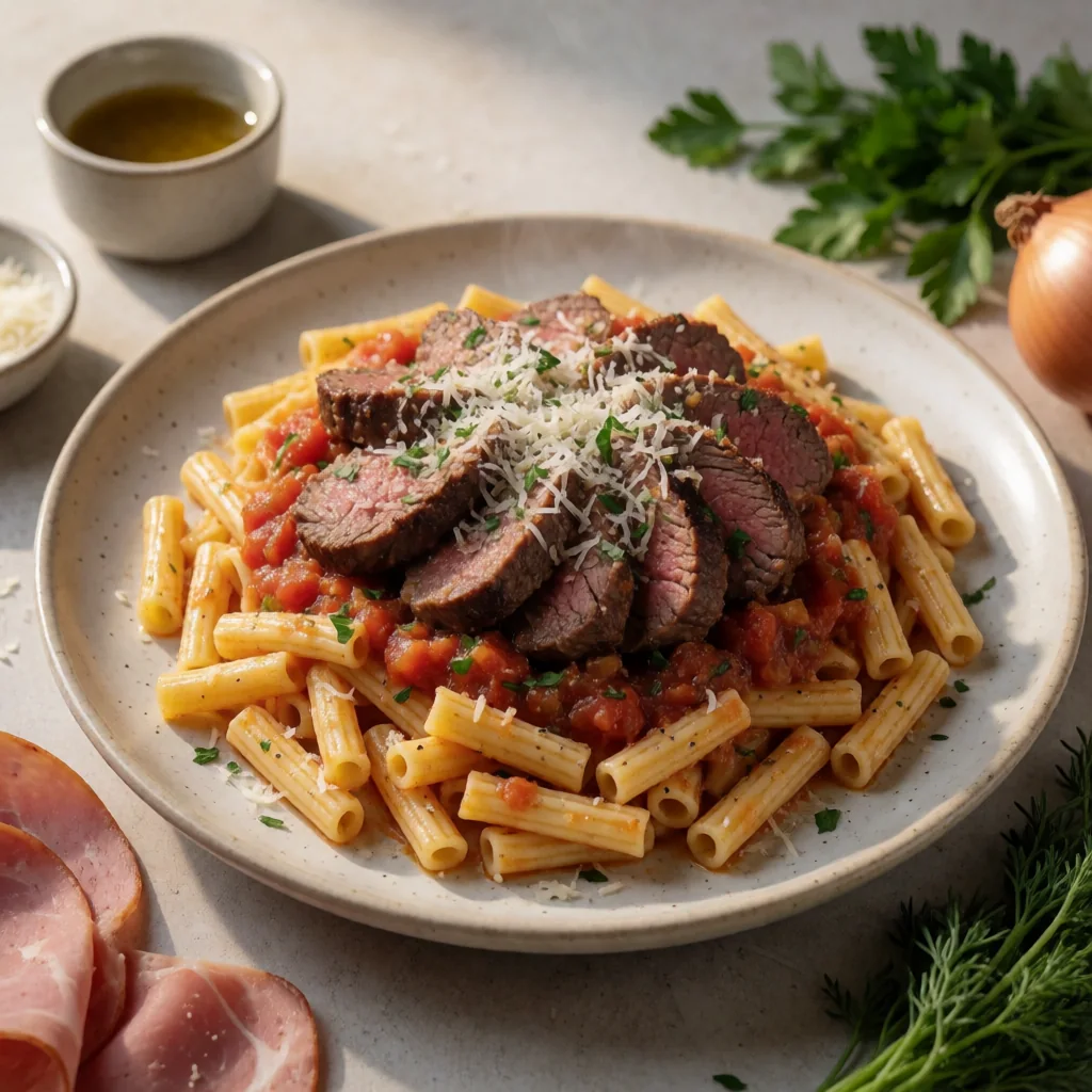 Falsomagro Siciliano con Maccheroni al Ferro finished dish