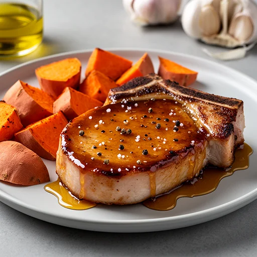 Honey Garlic Glazed Pork Chops with Roasted Sweet Potatoes finished dish