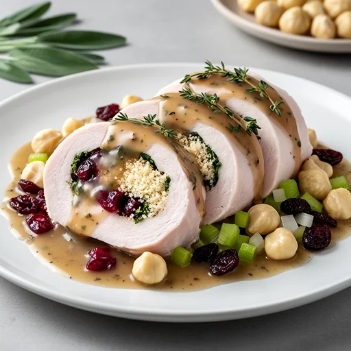 Stuffed Turkey Roulade with Cranberry-Herb Gravy finished dish