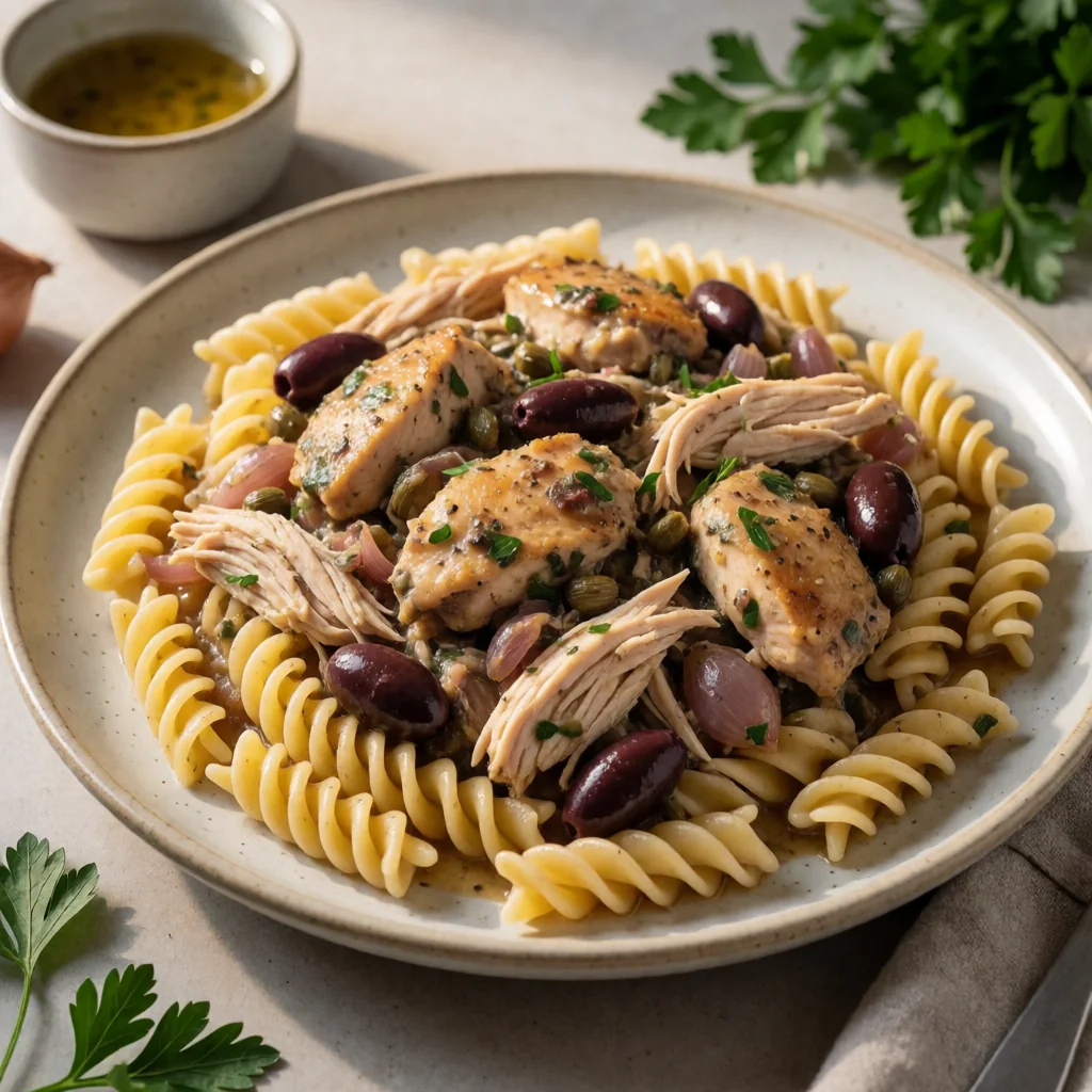 Pollo Balsamico con Olive e Capperi su Fusilli finished dish