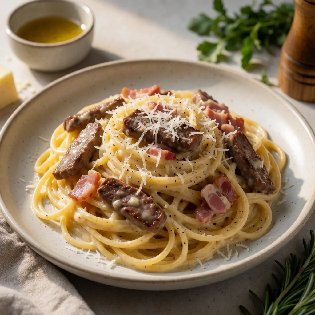 Spaghetti alla Carbonara di Manzo con Pancetta Croccante (Spaghetti Carbonara with Beef and Crispy Pancetta) finished dish