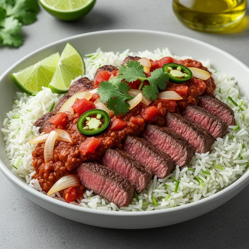 Bistec Ranchero Lunch Bowls with Cilantro-Lime Rice finished dish